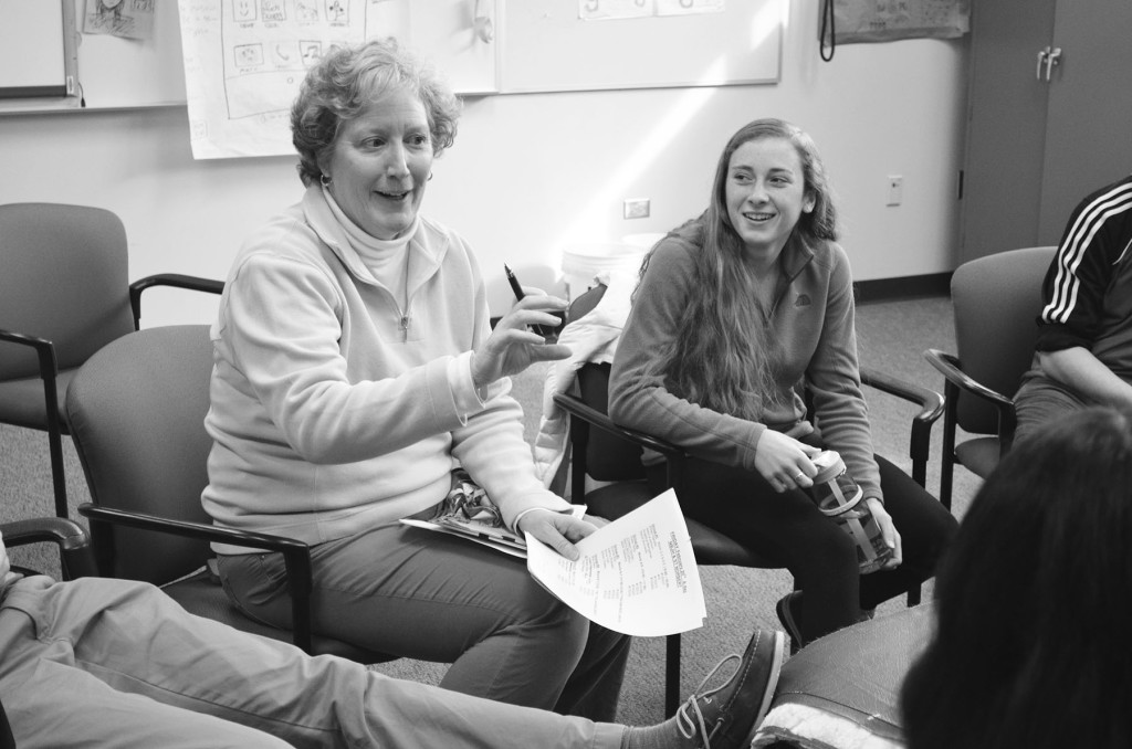 Peer Group coordinator Margaret Sullivan (left) guides senior leaders. Two successors have been selected to be coordinators “in the trenches,” while the program is still seeking a liaison in the guidance office. Photo by Gabe Weininger
