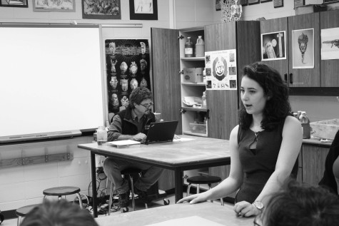 Senior Elana Greenberg speaks to the Wood Oaks Junior High student council about Write the Future. Greenberg began the non-profit when she was a sophomore. The organization donates pencils to children in impoverished  countries including Honduras and Cuba. Photo by Ben Zhao.