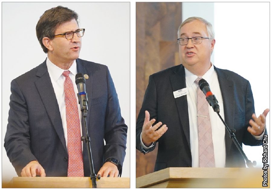 Congressman Brad Schneider, D-Ill. (left) and Republican opponent Doug Bennett deliver speeches at the North Shore Jewish Community Candidate Forum on Oct. 14. As the election date has approached, students have found ways to be involved in these political races such as interning for candidates. Photos by Richard Chu