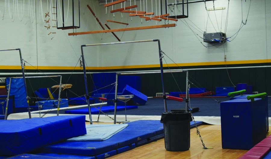 The+gymnastics+gym+remains+largely+empty+during+an+open+gym+on+Oct.+29.+About+10+percent+of+the+IHSA+member+schools+have+a+girls+gymnastics+team.+Photo+by+Haley+Sandlow