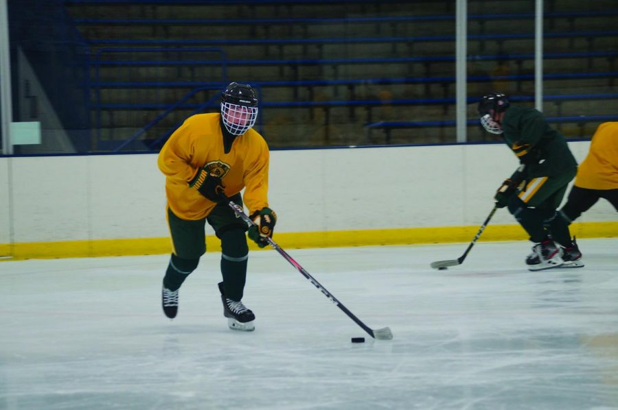 Sophomore Owen Just works on his puck handling at a practice on Oct. 29. Just started his hockey career in the GBN youth system with the Northbrook Bluehawks, but then switched to play club hockey for Chicago Young Americans when he was seven years old. Just now plays for the GBN varsity team. Photo by Dylan Buckner