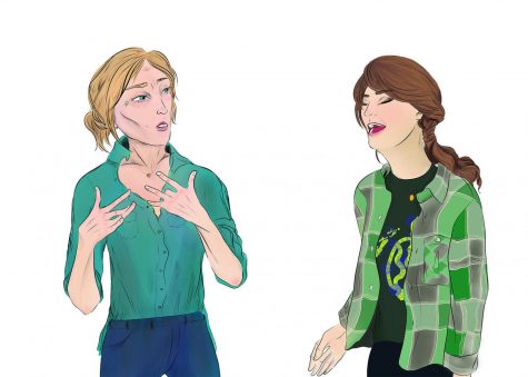 In drawn recreations of two different scenes from “CODA,” mother Jackie Rossi (left) talks in American Sign Language to her daughter, Ruby, about her passions. Ruby (right) sings in a school rehearsal. Graphic by Baeyoung Yoo