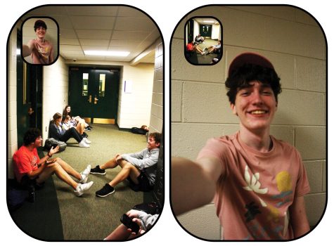 In a staged photo, junior Andrew Burke mimics the process of taking photos for a BeReal while hanging out with his friends in the choir hallway during lunch. Some students and experts believe BeReal became popular because it encourages users to be more honest about their social lives than they might be on other social media platforms.