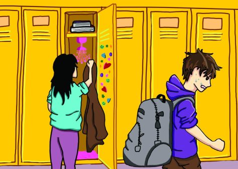 Most students would rather lug heavy belongings around school than use a locker. This unnecessary social norm creates difficulties for students that could be avoided by simply using a locker. Graphic by Jaden Cho