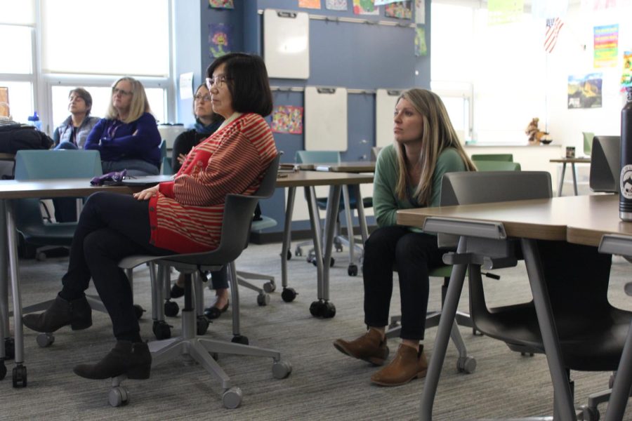 World language teachers listen to a presentation about Project Based Learning during a late arrival day on March 2. The additional late arrival days allow teachers to have more time for class preparation. Photo by Abby Shapiro.