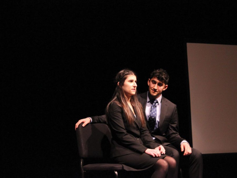 Seniors Hannah Dalinka (left) and Jack Miller perform their dramatic duet at the Speech Showcase & Awards Night on March 14. They placed fourth in their event at the IHSA Speech State Final on Feb. 18. Photo by Ruby Werber