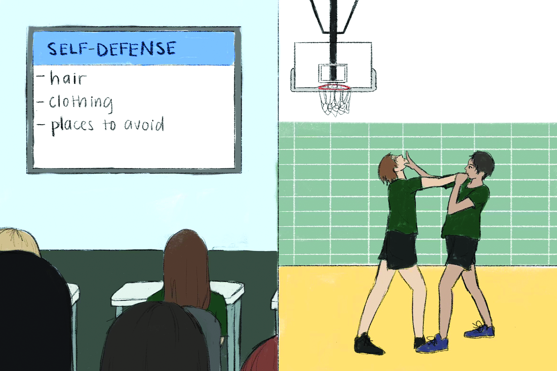 The P.E. self-defense curriculum is the same for both boys and girls, but experiences often differ as most boys learn physical defense techniques while girls may not. All students must receive thorough self-defense education to adequately defend themselves if necessary. Graphic by Hanning Zhu
