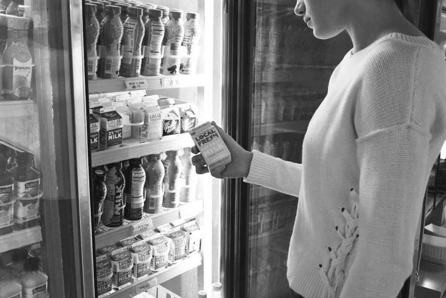 A student looks at dairy options for purchase. Dairy has many effects on the body, but there is no clear consensus among experts on whether dairy is healthy or unhealthy.