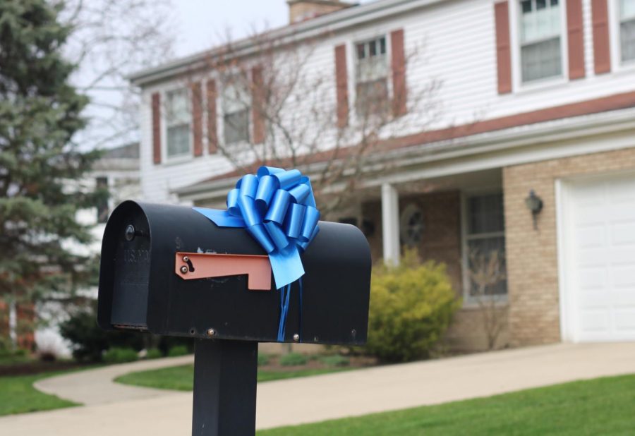A blue bow supplied by Buffalo Grove resident Robin Fields is tied onto Northbrook resident Kathy Moran’s mailbox. Fields started the blue bow movement to acknowledge the work of all first responders and frontline workers. Photo by Sarah Boeke