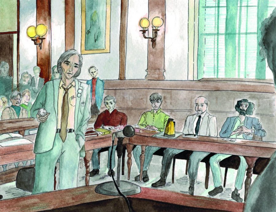 Attorney William Kunstler questions a witness while four defendants await the outcome of the 1969 trial in “The Trial of the Chicago 7.” Directed by Aaron Sorkin, the movie draws parallels to 2020’s political climate. Graphic by Baeyoung Yoo