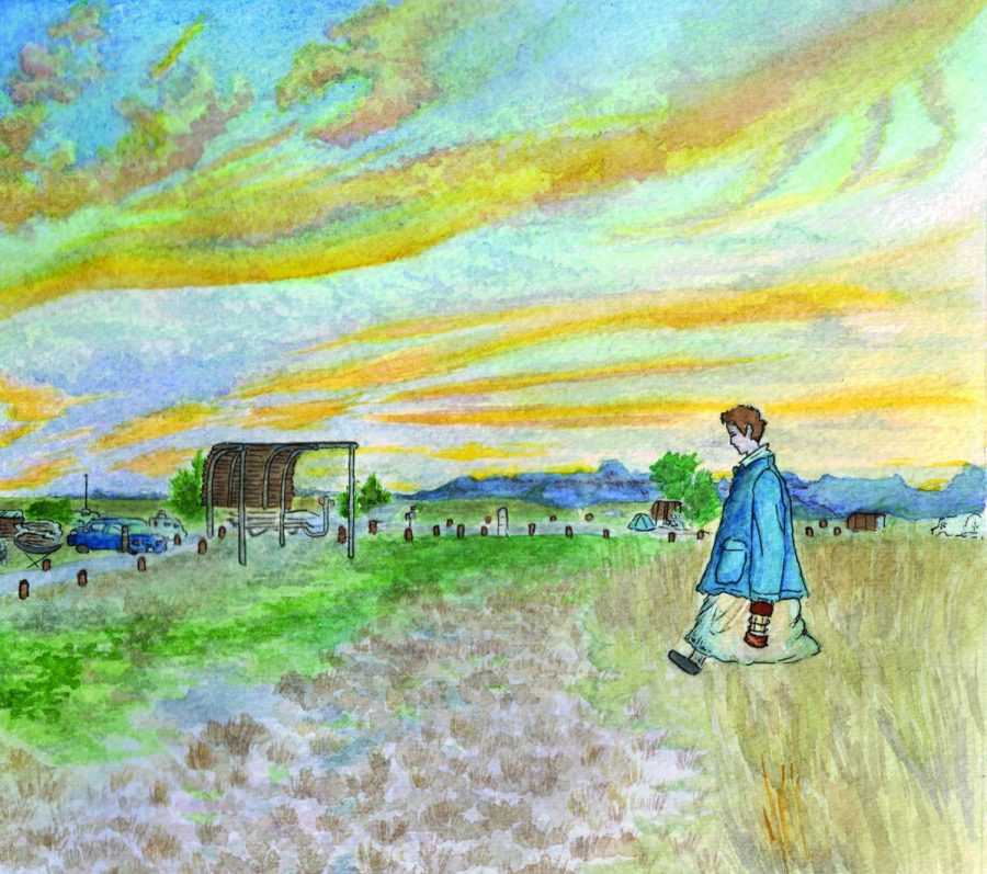 In an illustration of a scene from “Nomadland,” the main character, Fern, walks across a campground at sunset. The movie won two Golden Globes and was nominated for several Oscar categories. Graphic by Baeyoung Yoo