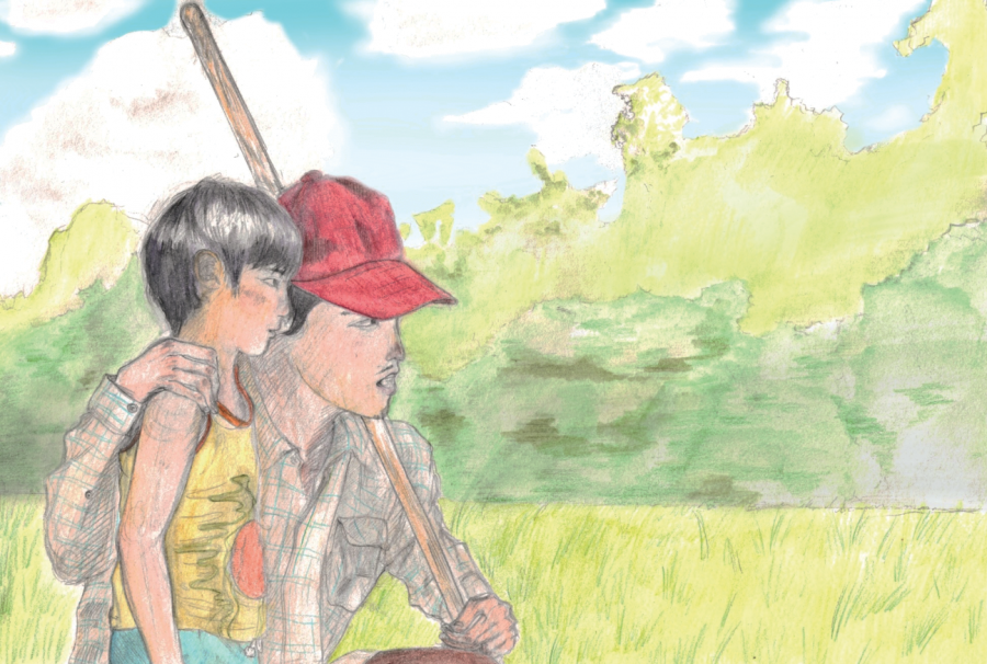 In an illustration of a scene from Minari, David Yi, played by Alan S. Kim, and his father Jacob Yi attempt to find a water source for their farm. Kim won the Critics Choice Award for Best Young Actor. Graphic by Baeyoung Yoo
