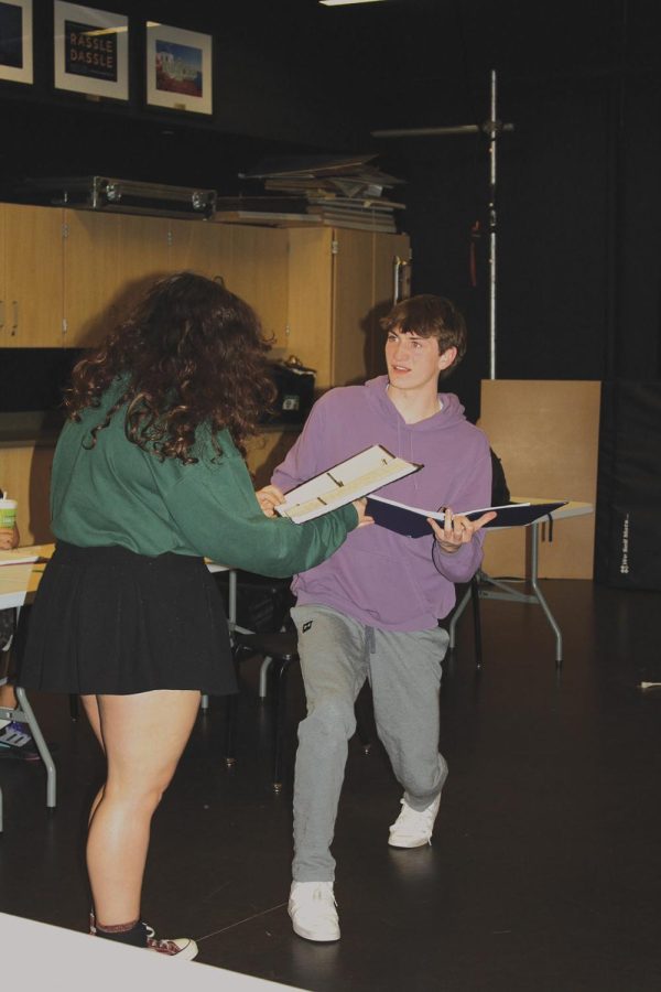 Rehearsing+for+Shrek%2C+senior+Kyle+MacDonald+%28right%29+and+Glenbrook+South+senior+Alicia+Penepacker+practice+blocking.+The+musical+is+scheduled+to+open+April+28.+Photo+by+Claire+Satkiewicz.