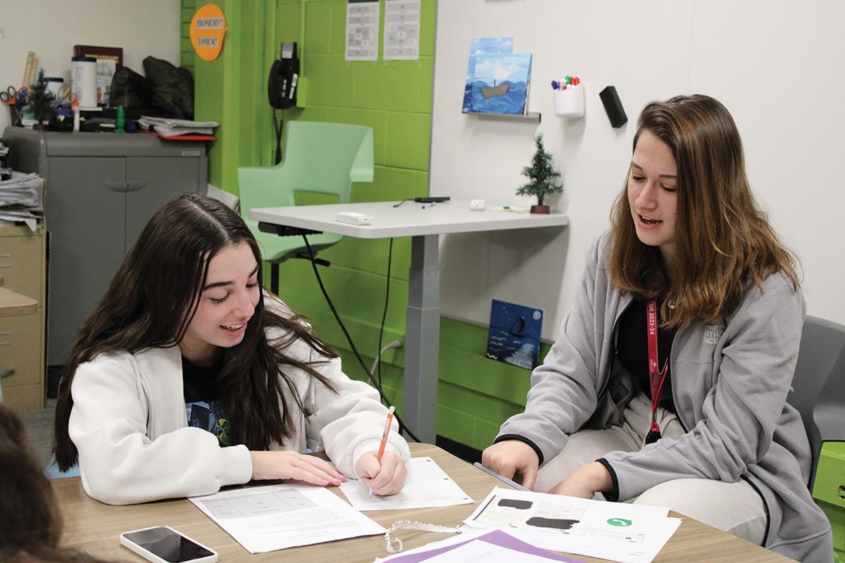 Ronny Lichtenstein (right), 18-year-old Shinshinim program volunteer, helps senior Sasha Cohen with Hebrew IV Honors classwork. The Shinshinim program is a gap year opportunity for Israeli teens to visit various Hebrew classes in the United States and share their experiences. 