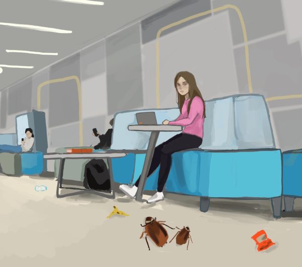 Trash and food left in common work areas may attract cockroaches. To prevent unwanted interactions with cockroaches, students should clean up after themselves. Graphic by Alison Chung