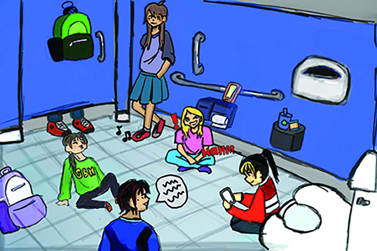 Some students choose to socialize in accessible bathroom stalls, which can prevent people who need them from using these spaces. By abstaining from this selfish behavior, we can ensure these stalls remain open for those who require them. Graphic by Erin Jeon