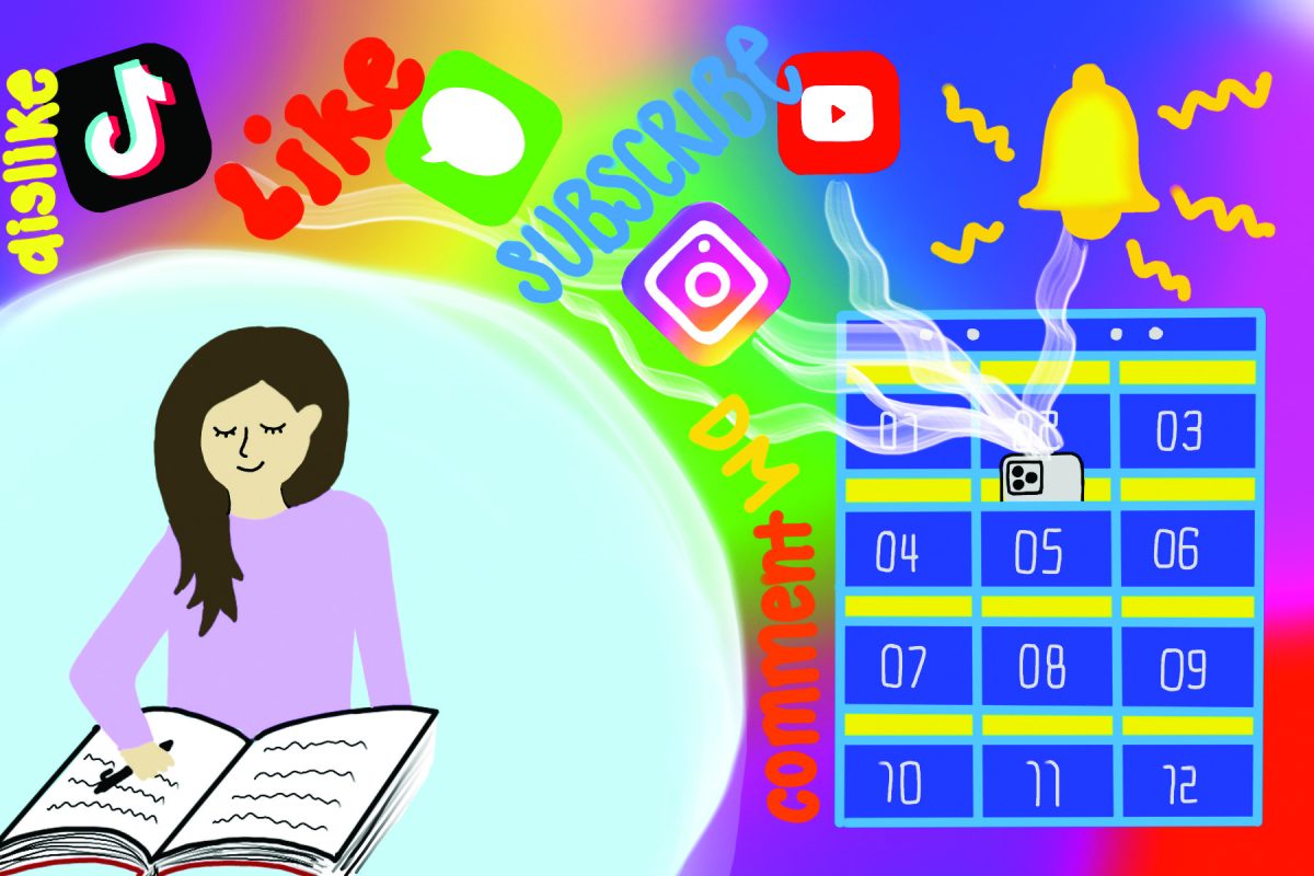 Devices and social media can distract students from their schoolwork and activities. Students should take advantage of the new phone policy to focus on their most urgent tasks, which will allow them time to relax outside of school. Graphic by Maribelle Lee