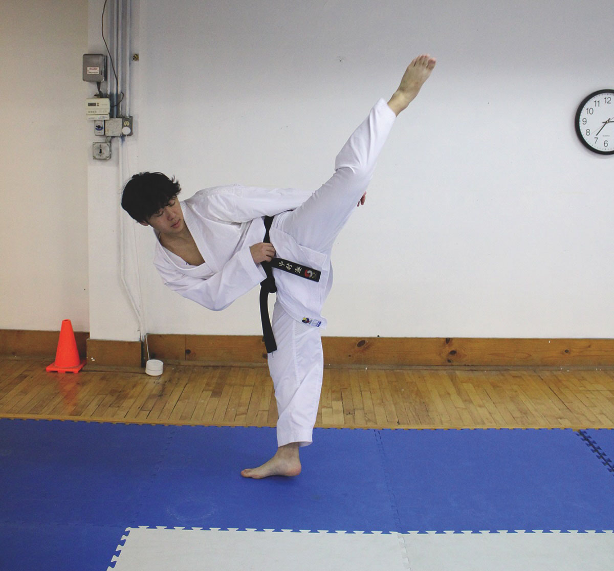 Senior Kai Nakamura demonstrates a reverse roundhouse kick at the dojo Hu Shin Kai on Nov. 13. His father, who coaches him, owns the dojo.
