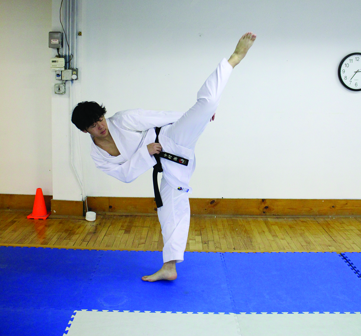 Senior Kai Nakamura demonstrates a reverse roundhouse kick at the dojo Hu Shin Kai on Nov. 13. His father, who coaches him, owns the dojo.