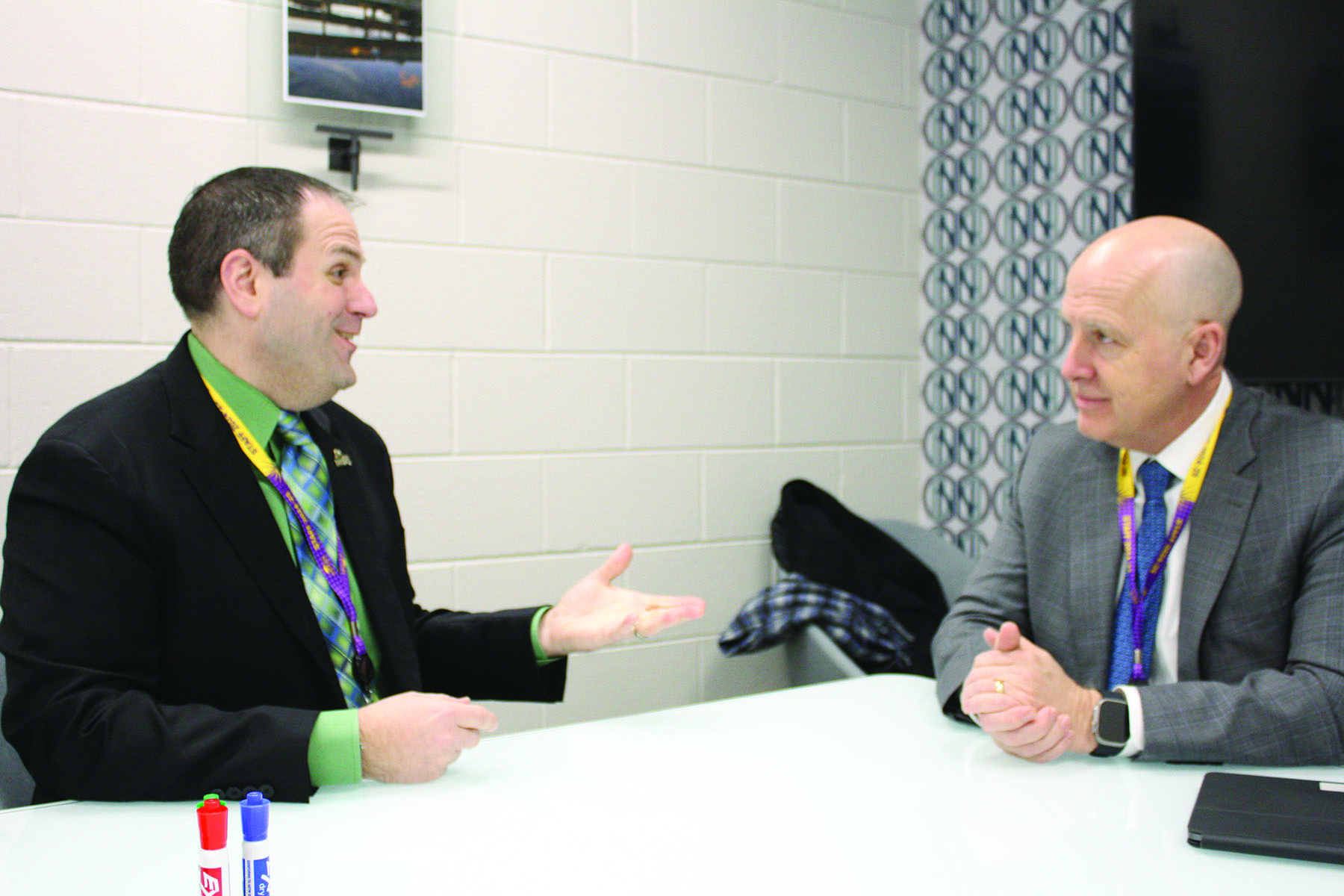 Deputy superintendent R.J. Gravel (left) meets with superintendent Charles Johns in the main office on Jan. 31. Gravel is scheduled to assume the role of superintendent on July 1, 2025.