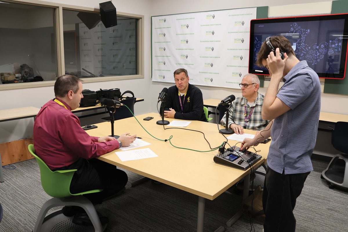 Superintendent R.J. Gravel hosts an episode of Glenbrook Insights Podcast with guests Mike Tarjan and Mark Maranto, assistant principals of student activities (left to right). The podcast was produced by alumnus Ryder Stone (‘25). 