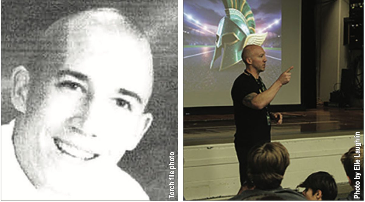 Sean Brandt (left) in the Torch senior issue of 2000. Brandt attended Glenbrook North graduated in the Class of ‘00 and played football, basketball and ran track and field. Brandt, now the head boys track and field coach, is pictured above presenting information about the upcoming track and field season in the Little Theater on Nov. 4.