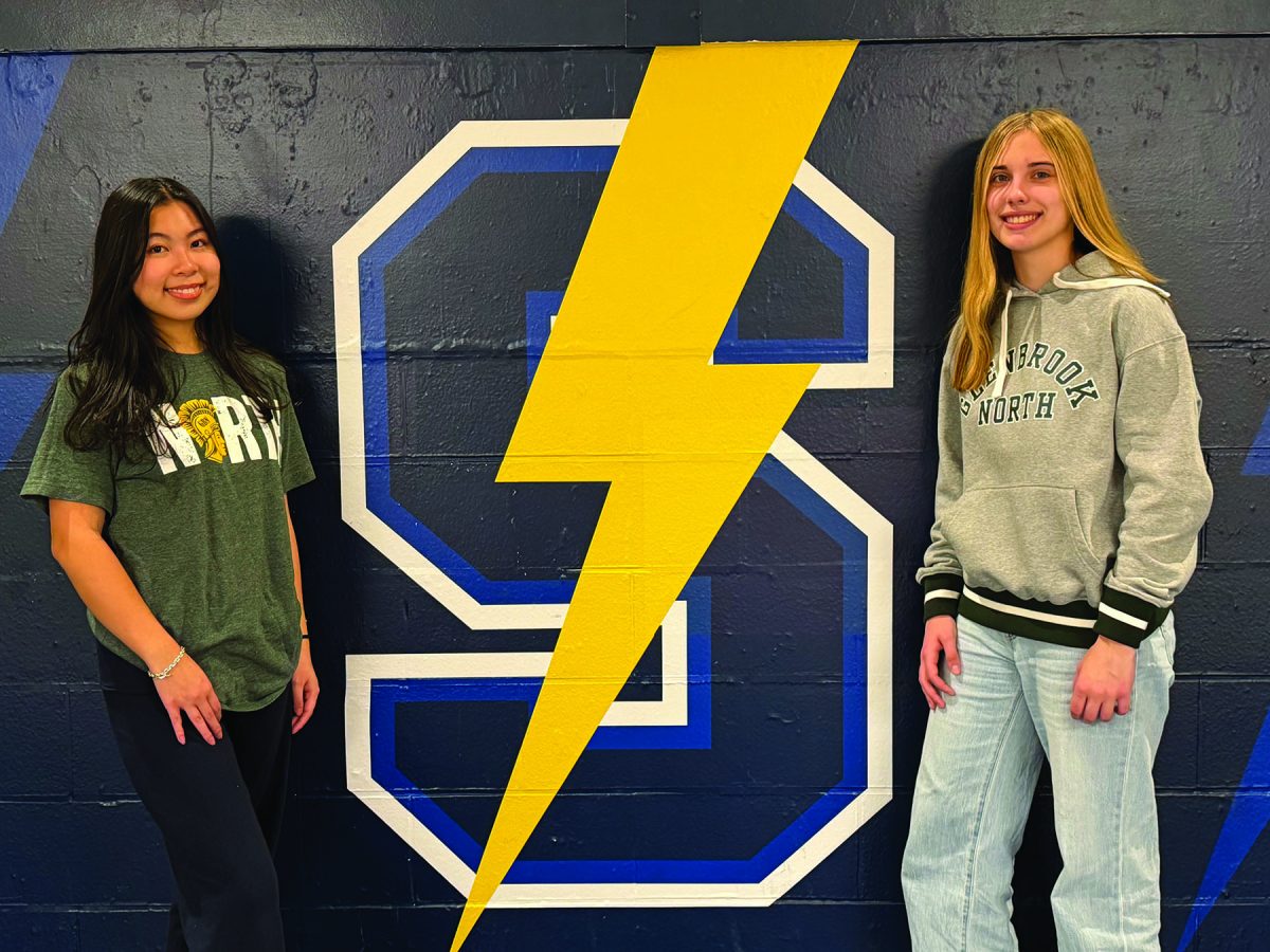 At the Glenbrook South main gym, the Titan Dome, are editors Joyce Ng (left) and Molly Nicoll, Glenbrook North students who take classes at GBS. 